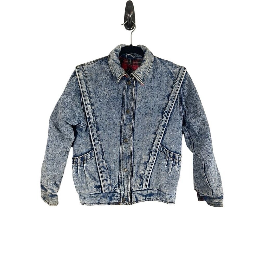 Vintage Acid Wash Denim Jean Bomber Jacket Blue 10 Flannel Plaid 80s Y2K Preppy